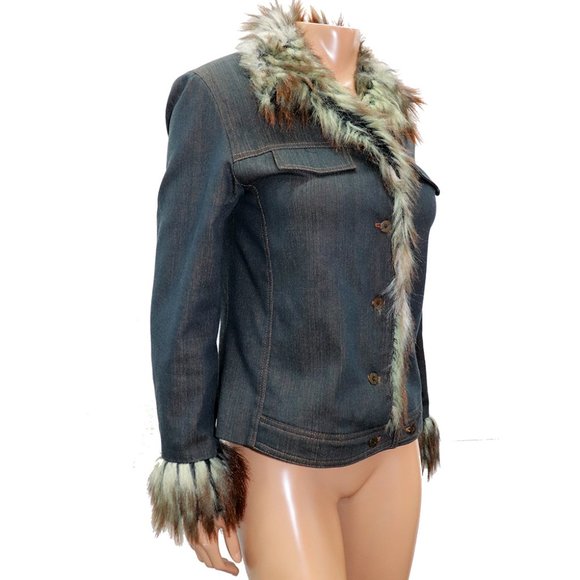 Y2K Jex Collection Denim Jacket Faux Fur Trim M-L - Picture 5 of 9